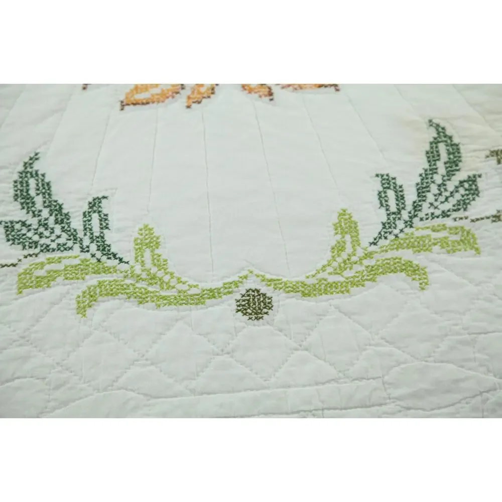 Vintage Needlepoint Bedspread Floral Cottagecore Granny Full 86